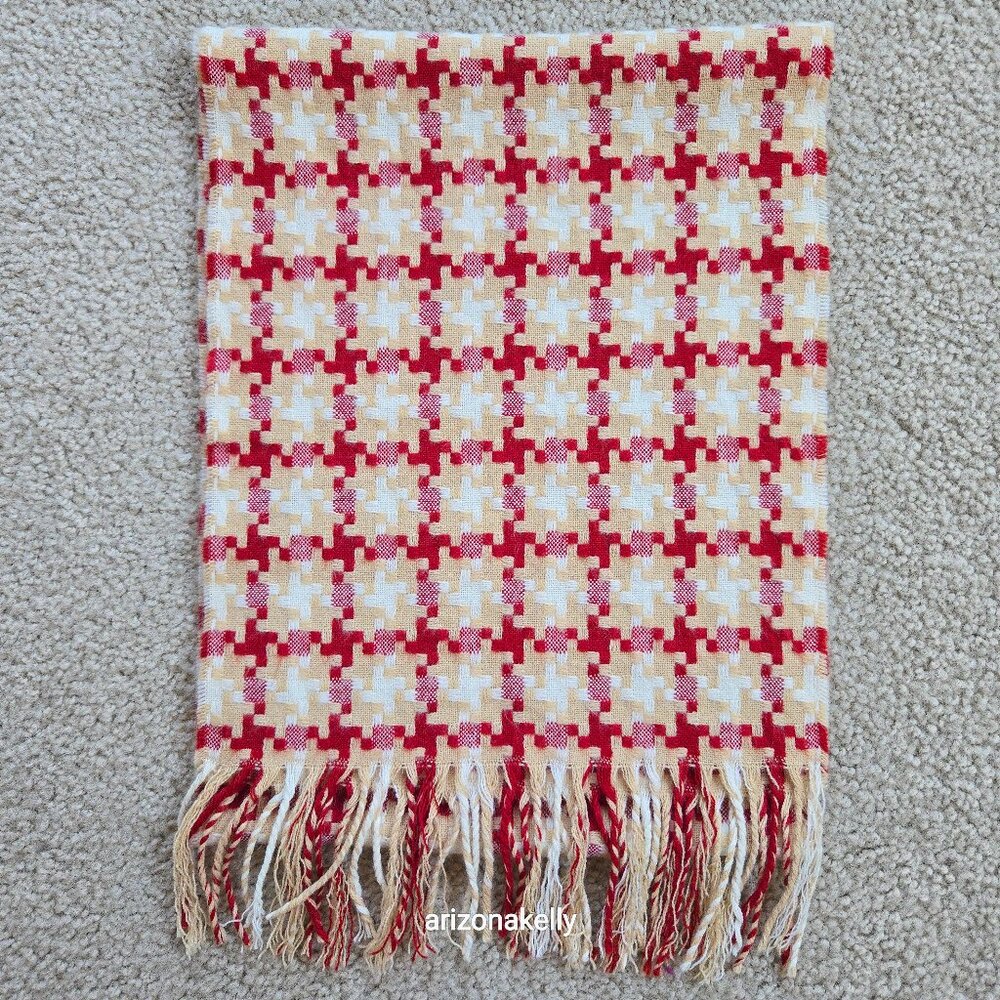 Woven Cashmere Houndstooth Scarf Red Tan White Pink